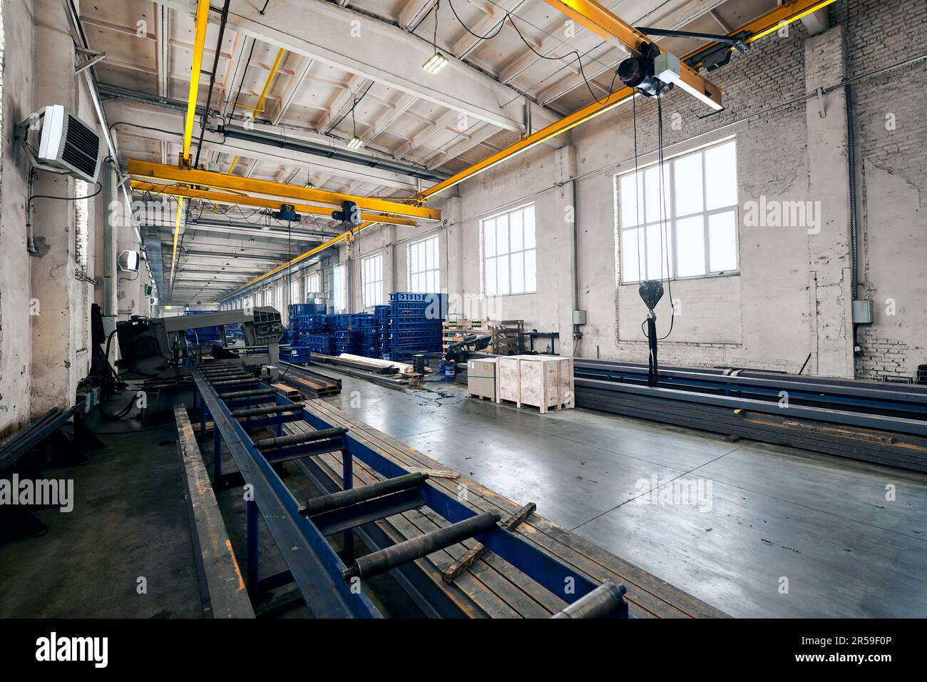 of large metal frames assembling with gantry cranes Stock