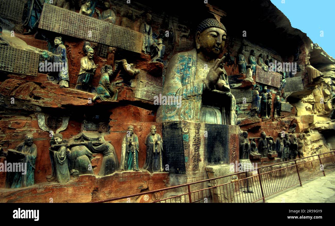 Dazu rock carvings, Tang Dynasty, Szechuan province China, 7th century CE, UNESCO World Heritage site. Stock Photo