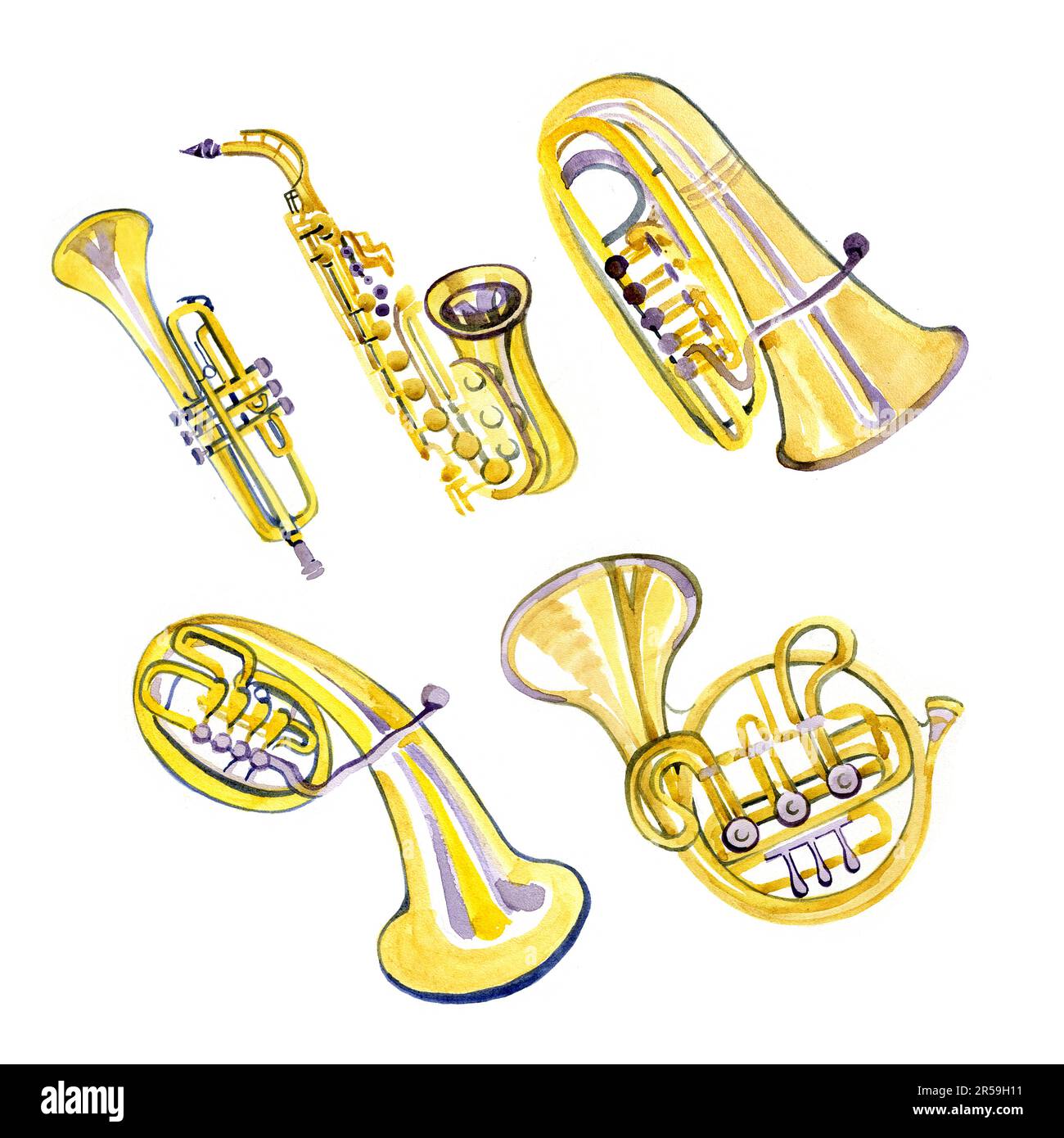 Watercolor copper brass band. Music instruments on white background. Music clipart Stock Photo