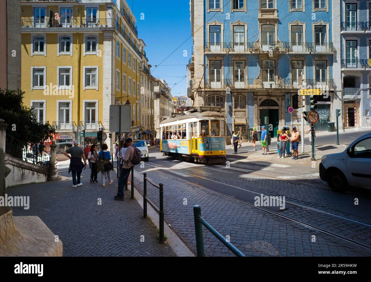 The famous route number 28 tram travels along most of the well known sights of Lisbon Stock Photo