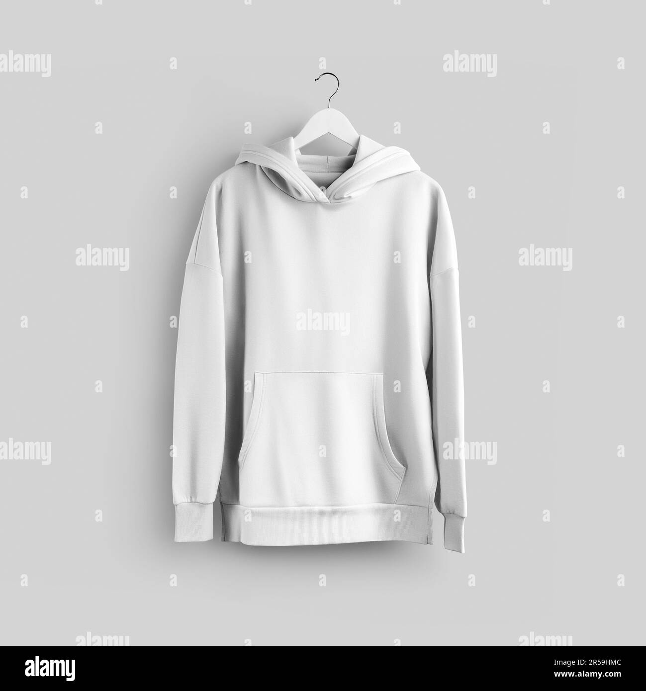 White hoodie mockup on a hanger, fashion casual wear with a pocket, isolated on background, front. Hooded sweatshirt template, unisex clothing, for de Stock Photo