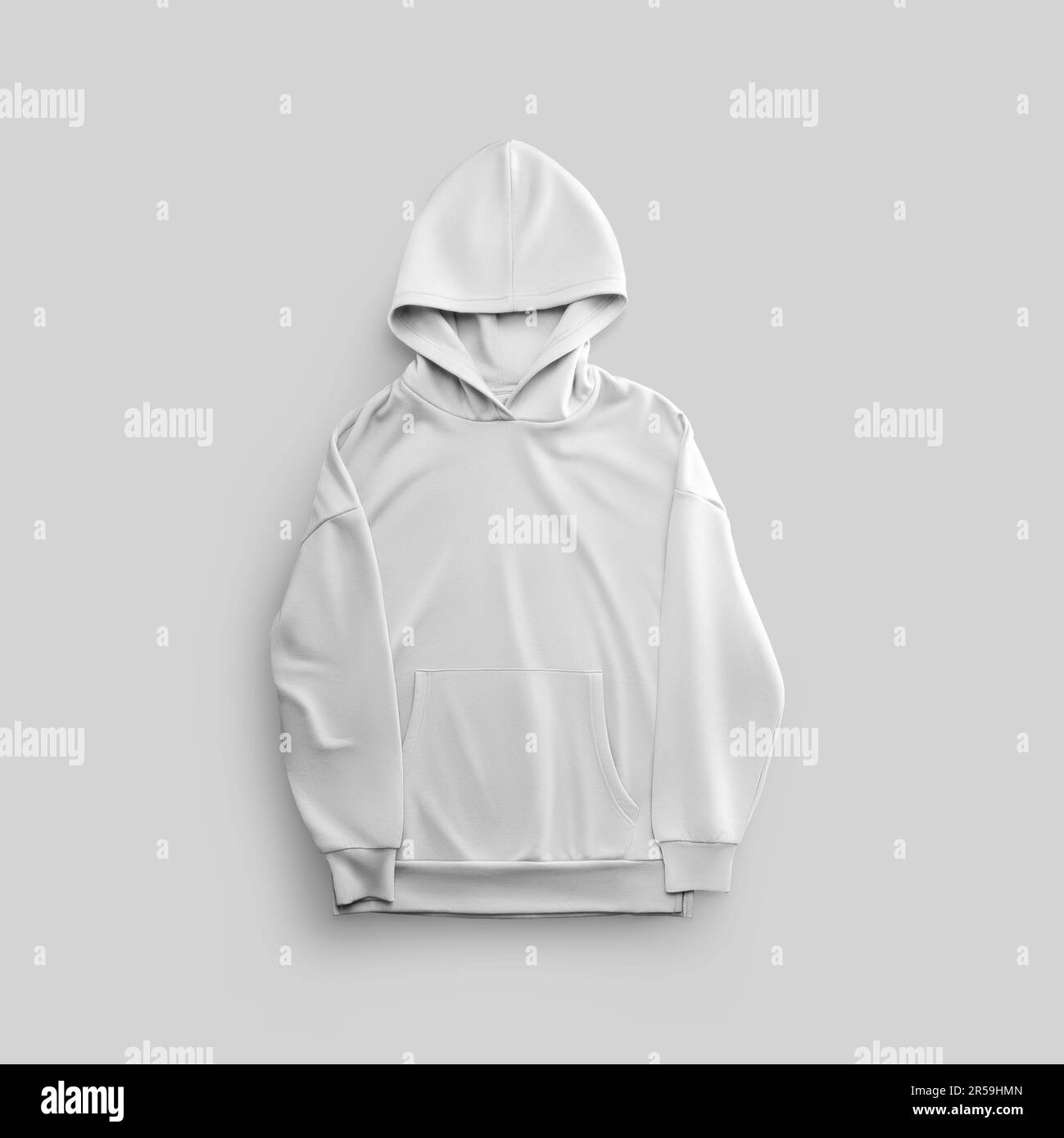 Mockup of white hoodie, nicely folded, unisex trendy blank clothing for design, brand, product photography, front. Texture casual apparel, isolated on Stock Photo