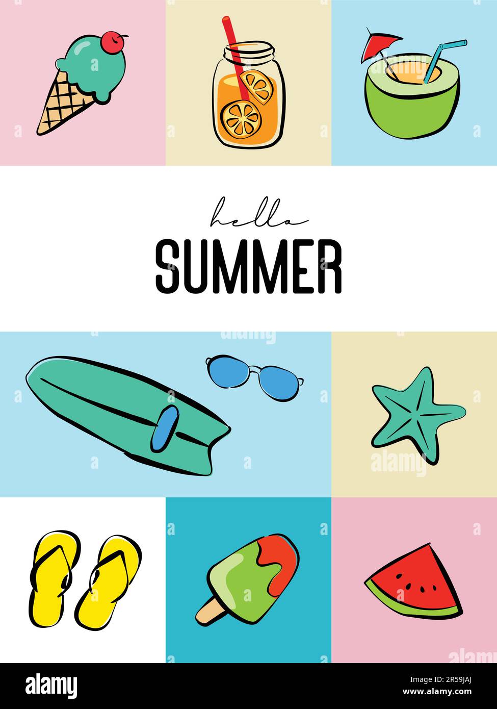 Hello summer with object element decoration background. Stock Vector