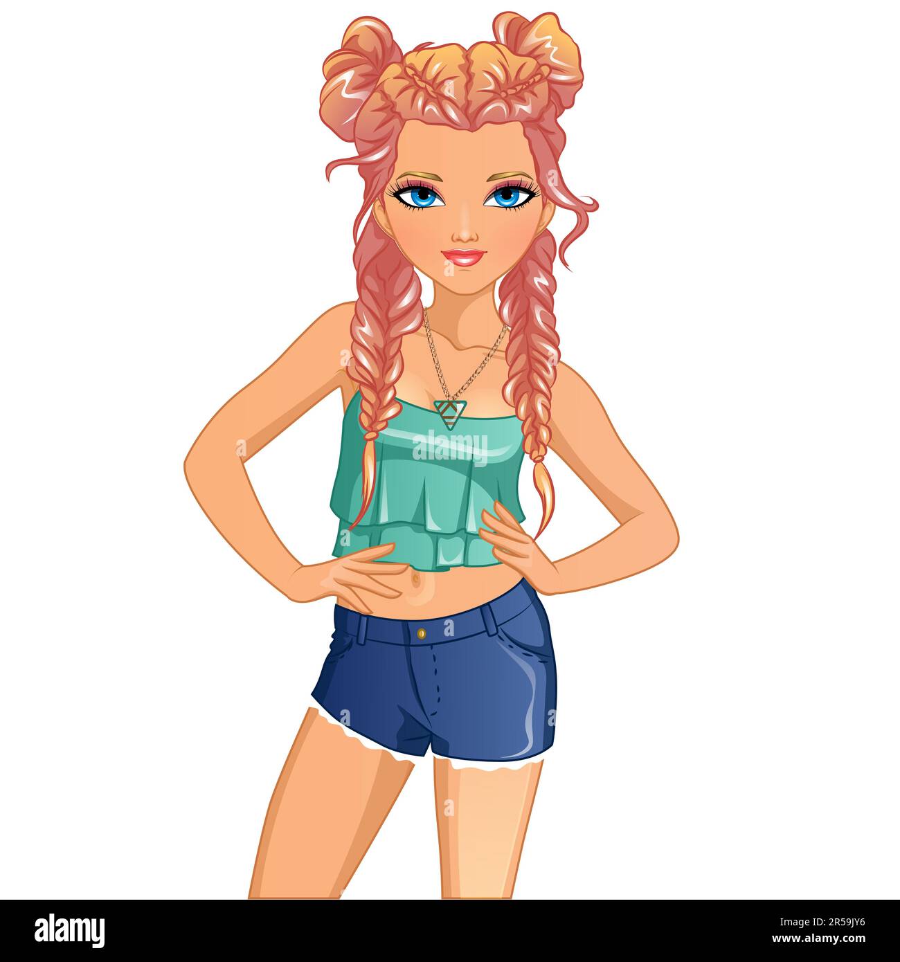 Braids and Buns Hairstyle Cute Cartoon Character Doll. Vector