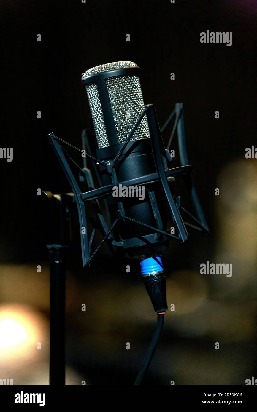Image of a studio condenser microphone on a microphone stand Stock Photo