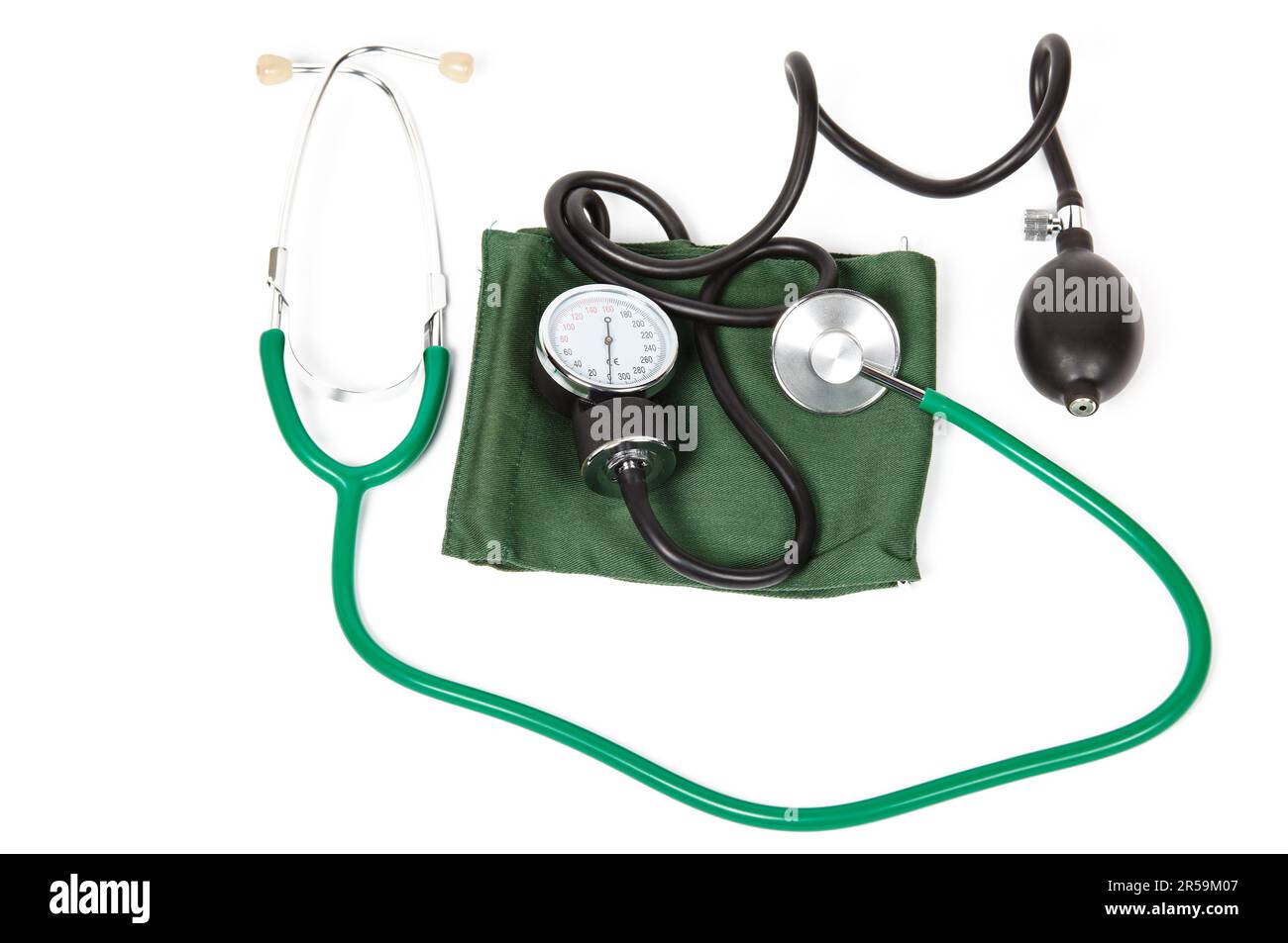 Medical sphygmomanometer and stethoscope on a white background. Blood