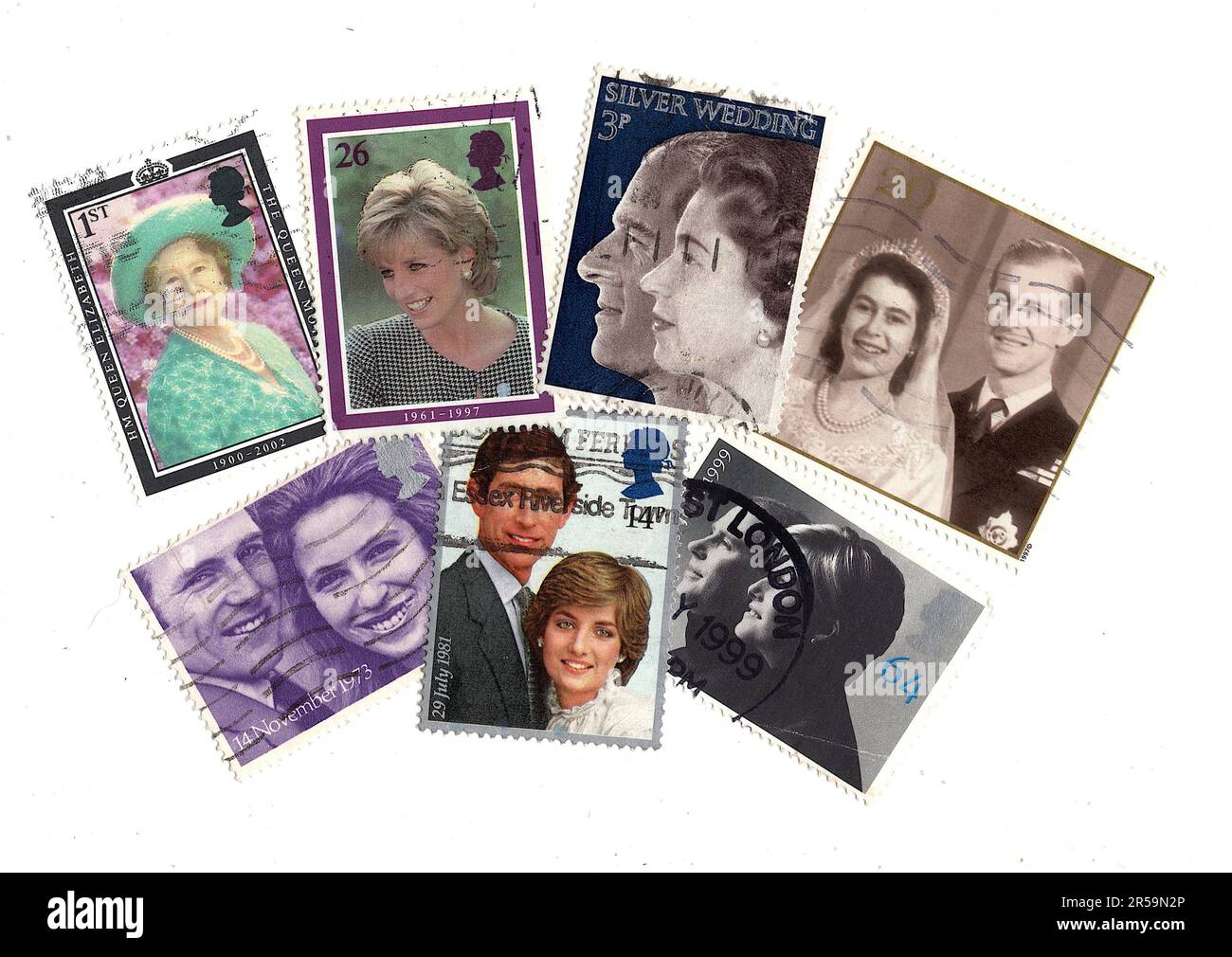 Vintage postage stamps from the United Kingdom featuring the royal