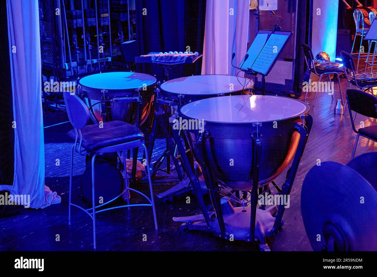 Image of timpani drums of symphony orchestra on theater stage Stock