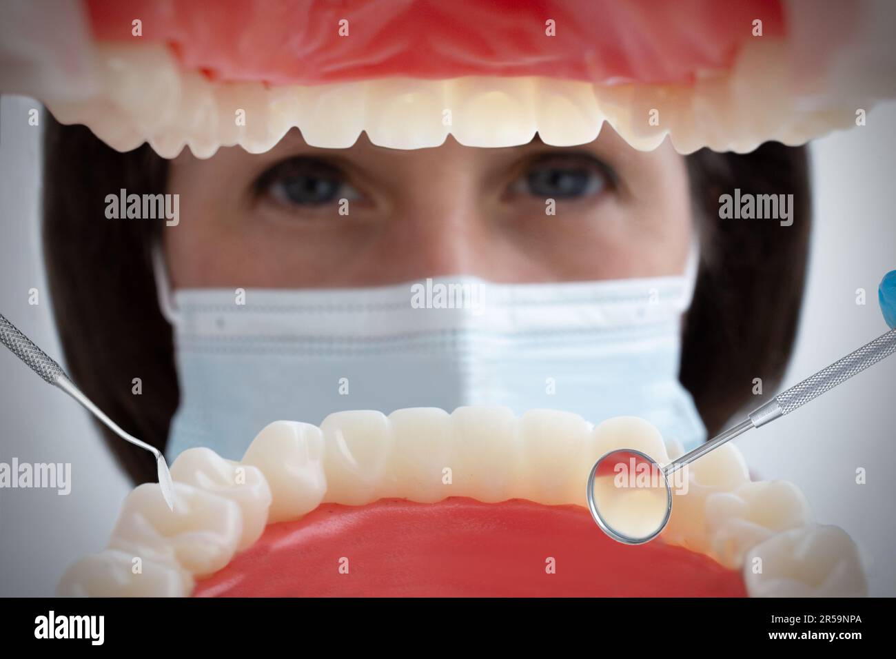 Shot from mouth looking out at female dentist. View from inside the dental jaw Stock Photo