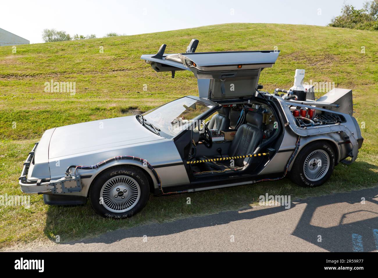 Back to the Future DeLorean Time Machine, built by members of the Universal Studios restoration team to celebrate the films 25th Anniversary Stock Photo