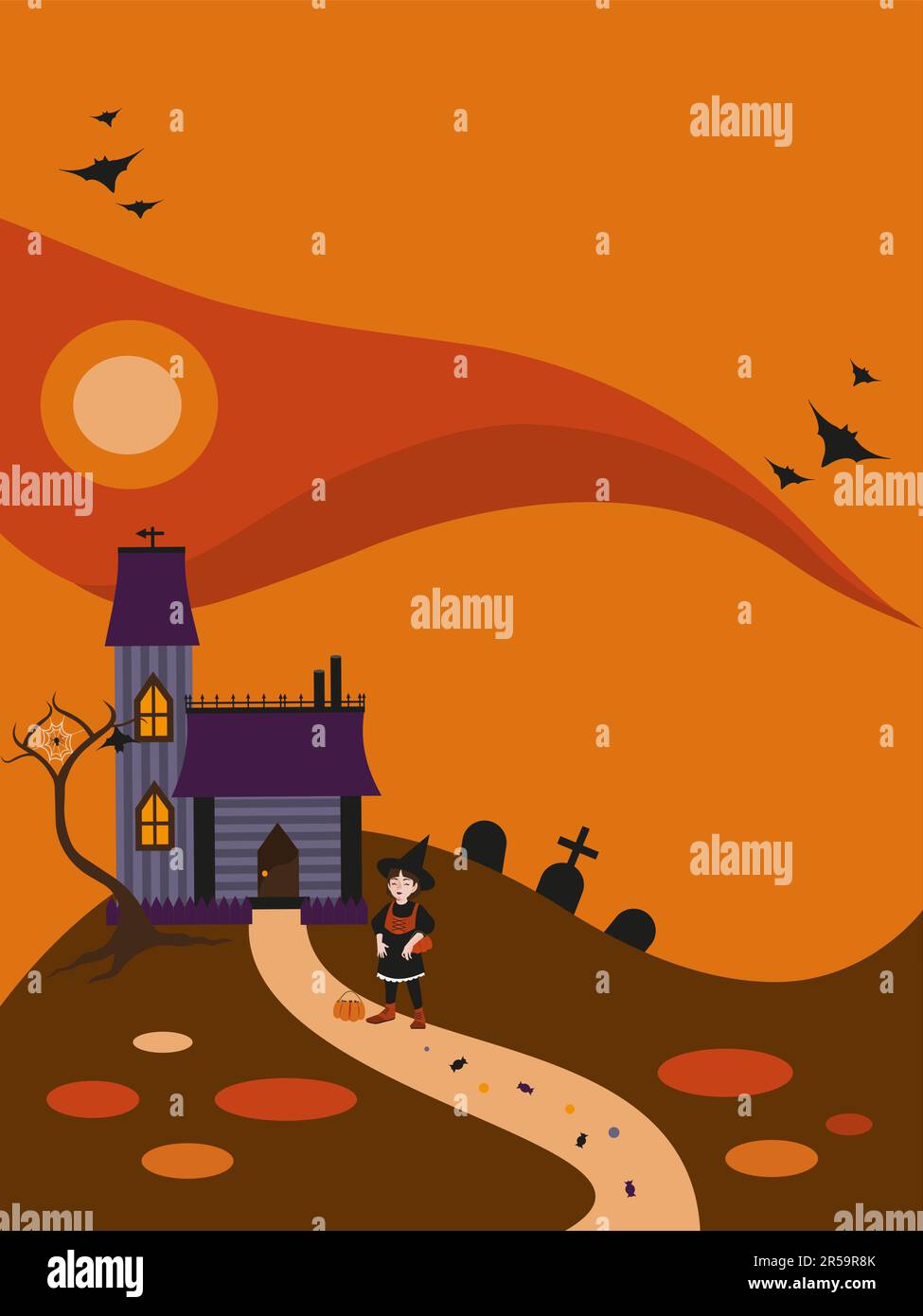 Halloween holiday scene card. A young witch with a kind face near the house, cemetery and a tree with web, bats flying in the sky. Candies on a road. Stock Vector