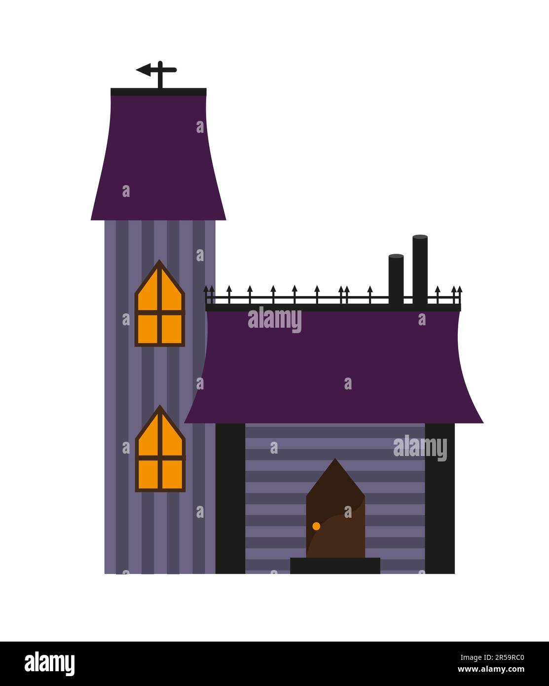 Small castle, house with a tower. Victorian style, light in windows. Flat design vector illustration. Purple color. Stock Vector