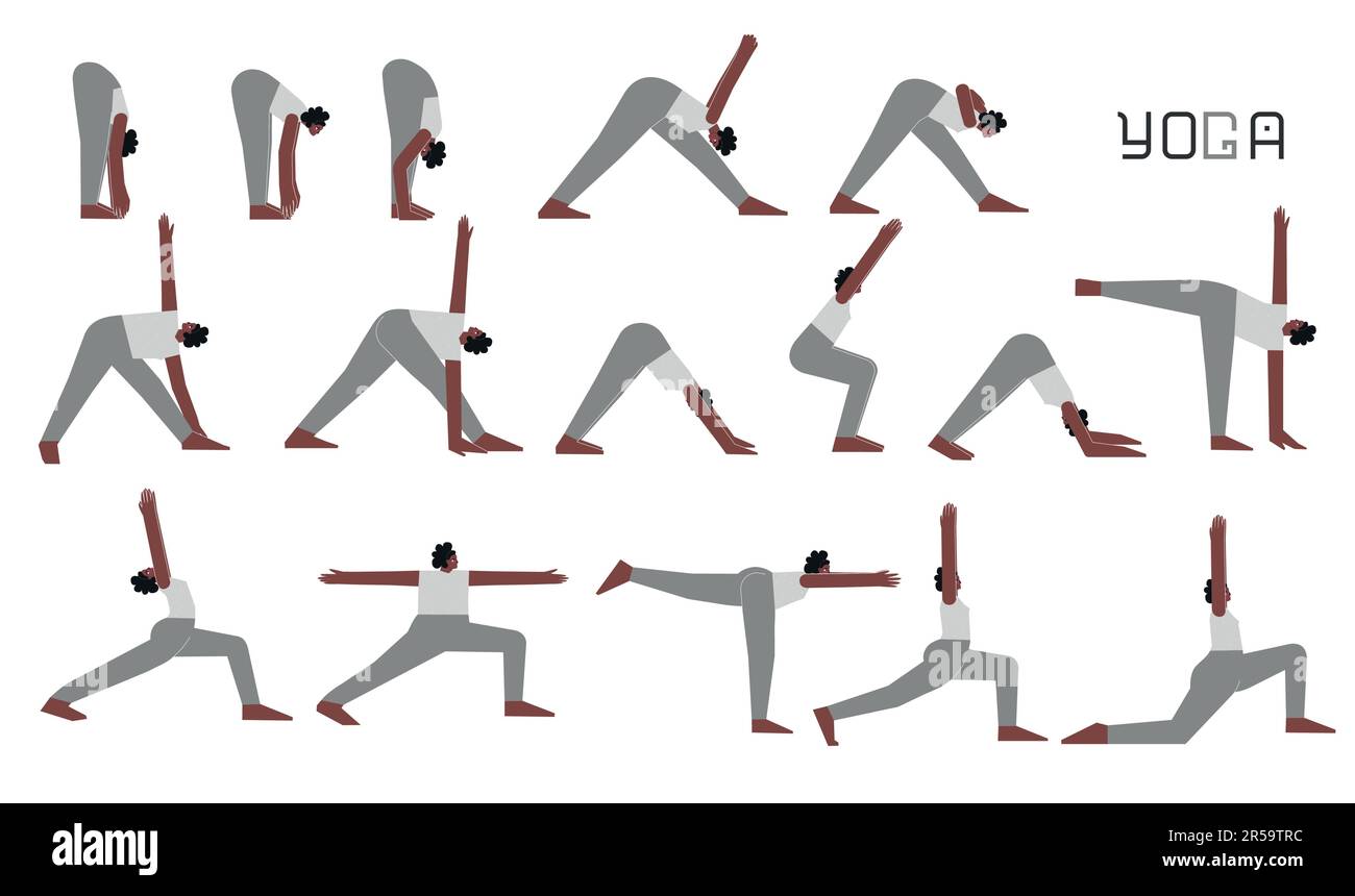 Vector flat isolated concept collection with female character doing yoga. African American woman learns stretching postures with bend. Set of sports b Stock Vector