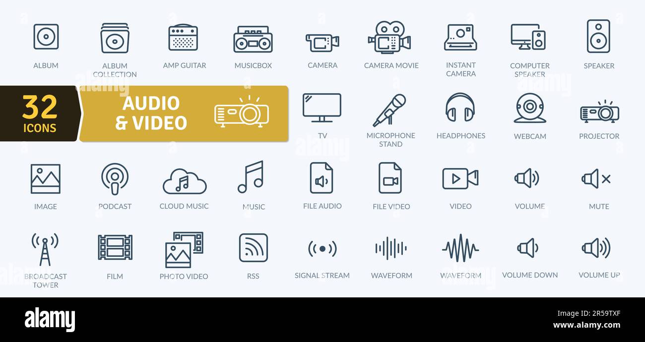 Audio Video Icons Pack. Thin line icons set. Simple vector icons Stock Vector