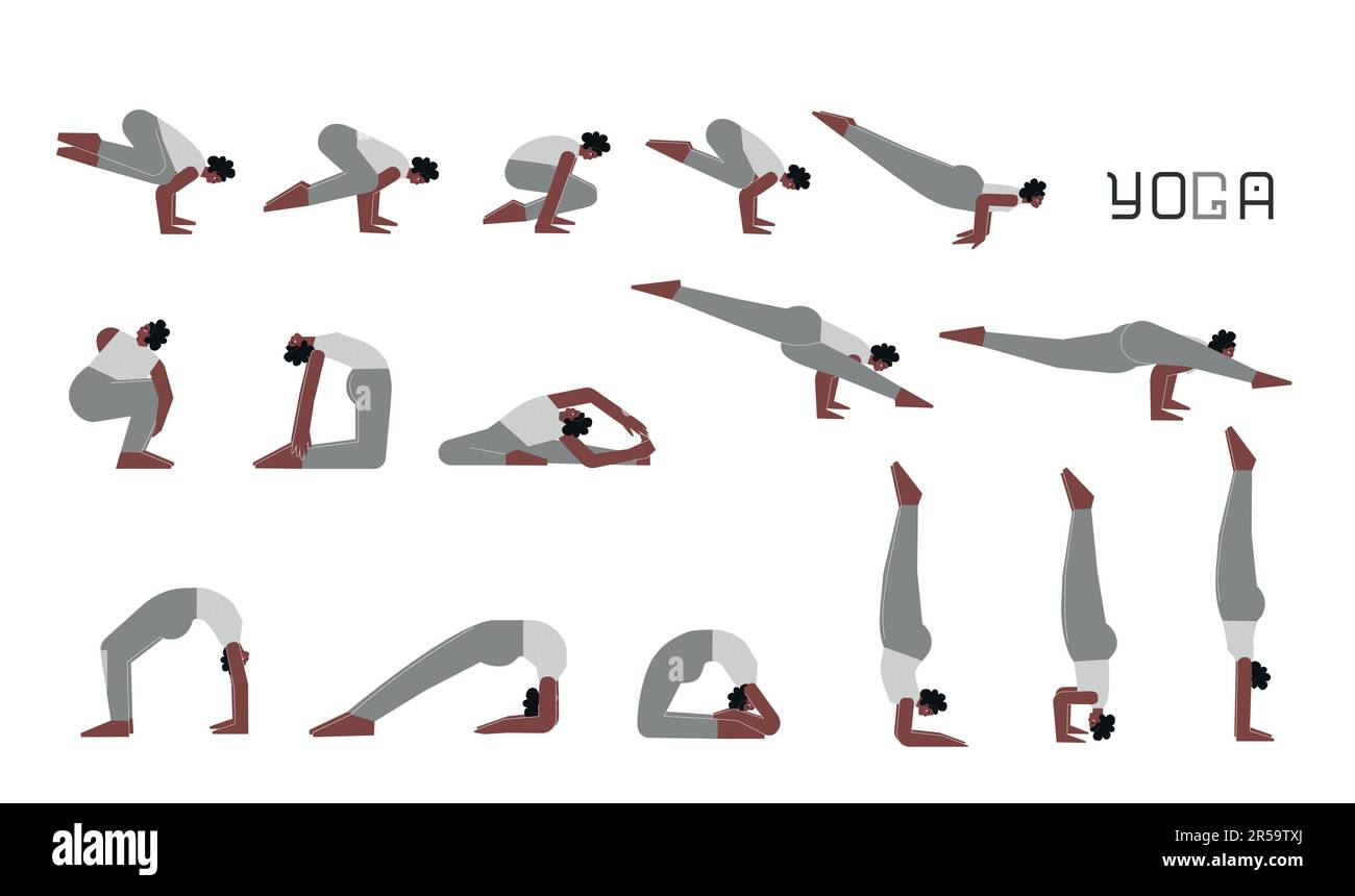 Vector flat isolated illustration collection with female character doing yoga. African American woman learns handstand and back bend postures. Set of Stock Vector