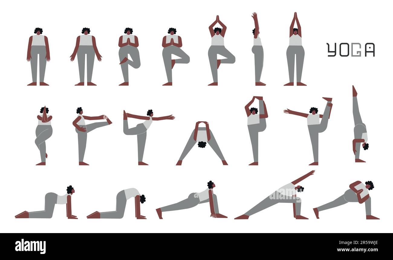 Vector flat isolated illustration collection with female character doing yoga. African American woman learns standing postures. Set of basic sports ba Stock Vector