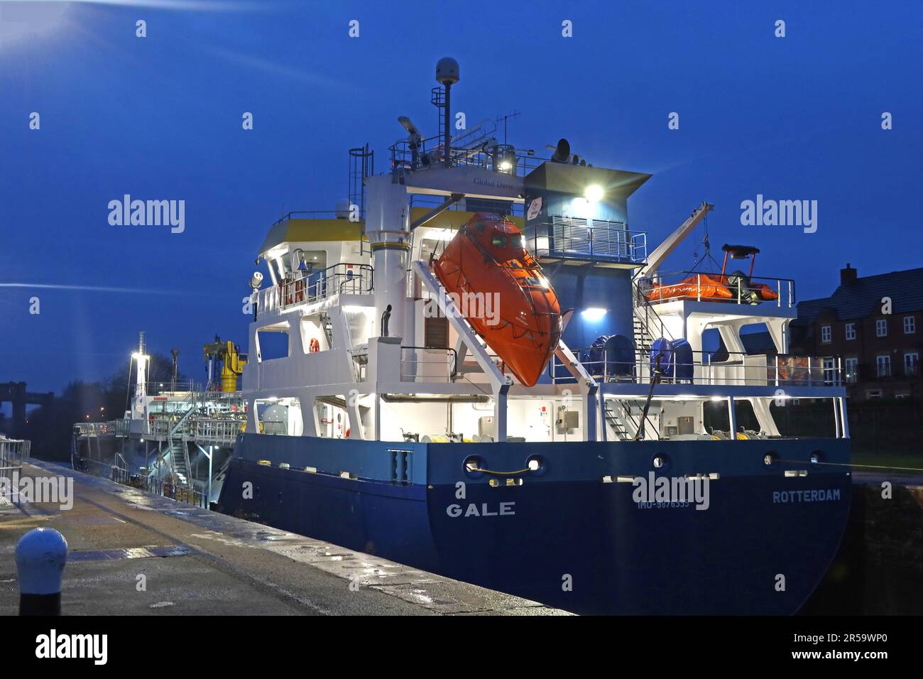 LPG tanker Gale (IMO 9876335), registered in Rotterdam, moored at Latchford Locks on the River Mersey in Warrington, Cheshire, England at dusk Stock Photo