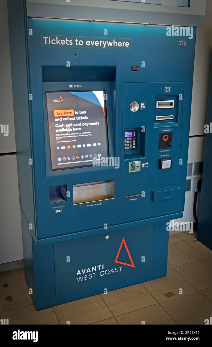 Avanti West Coast self-service ticket machine labelled “Tickets to everywhere” at Warrington Bank Quay station on the West Coast Main Line Stock Photo
