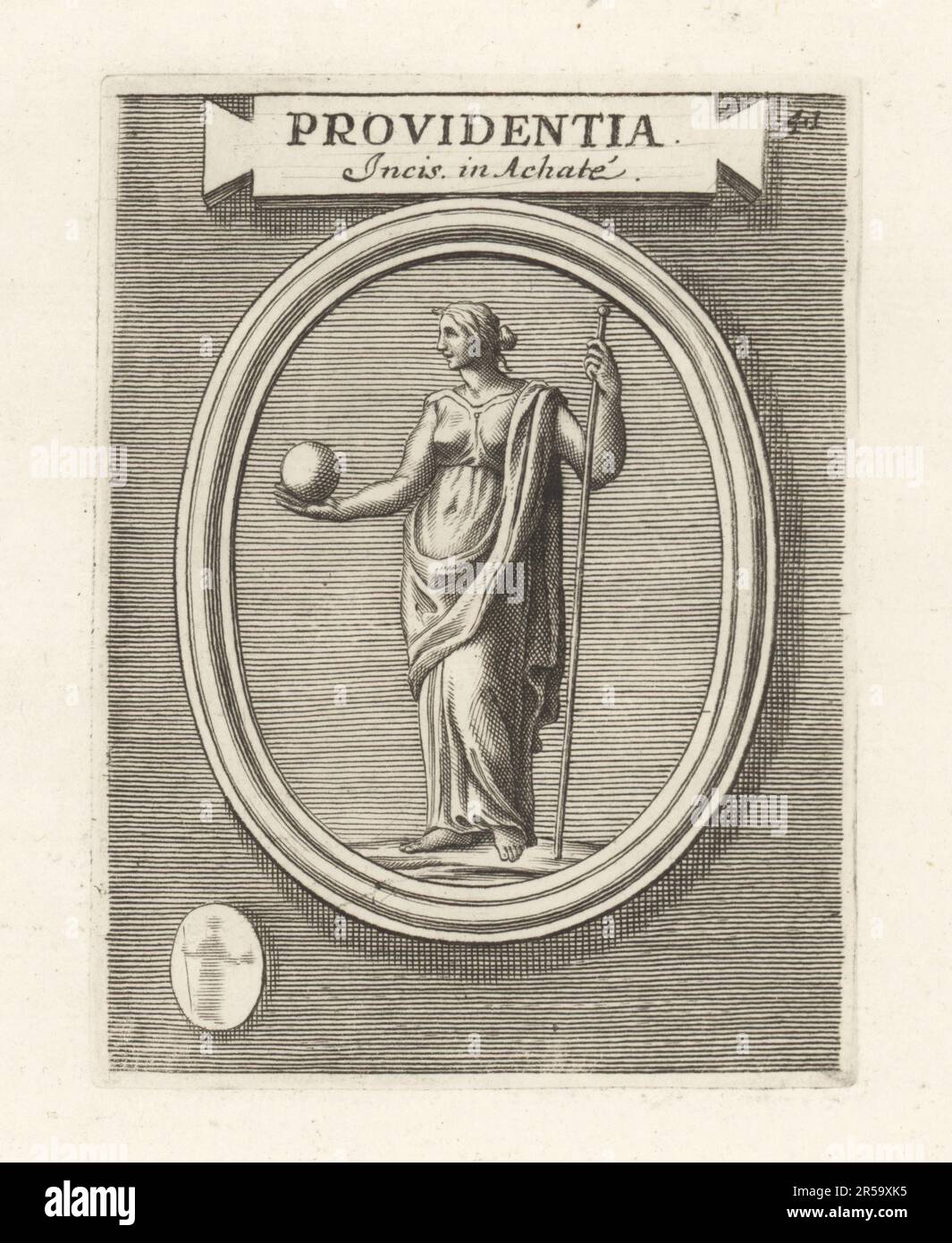 Providentia, Roman divine personification of foresight or providence, with orb and spear. From an engraved agate gem on a heretical amulet. Providentia Incis in Achate. Copperplate engraving from Francesco Valesio, Antonio Gori and Ridolfino Venuti’s Academia Etrusca, Museum Cortonense in quo Vetera Monumenta, (Etruscan Academy or Museum of Cortona), Faustus Amideus, Rome, 1750. Stock Photo