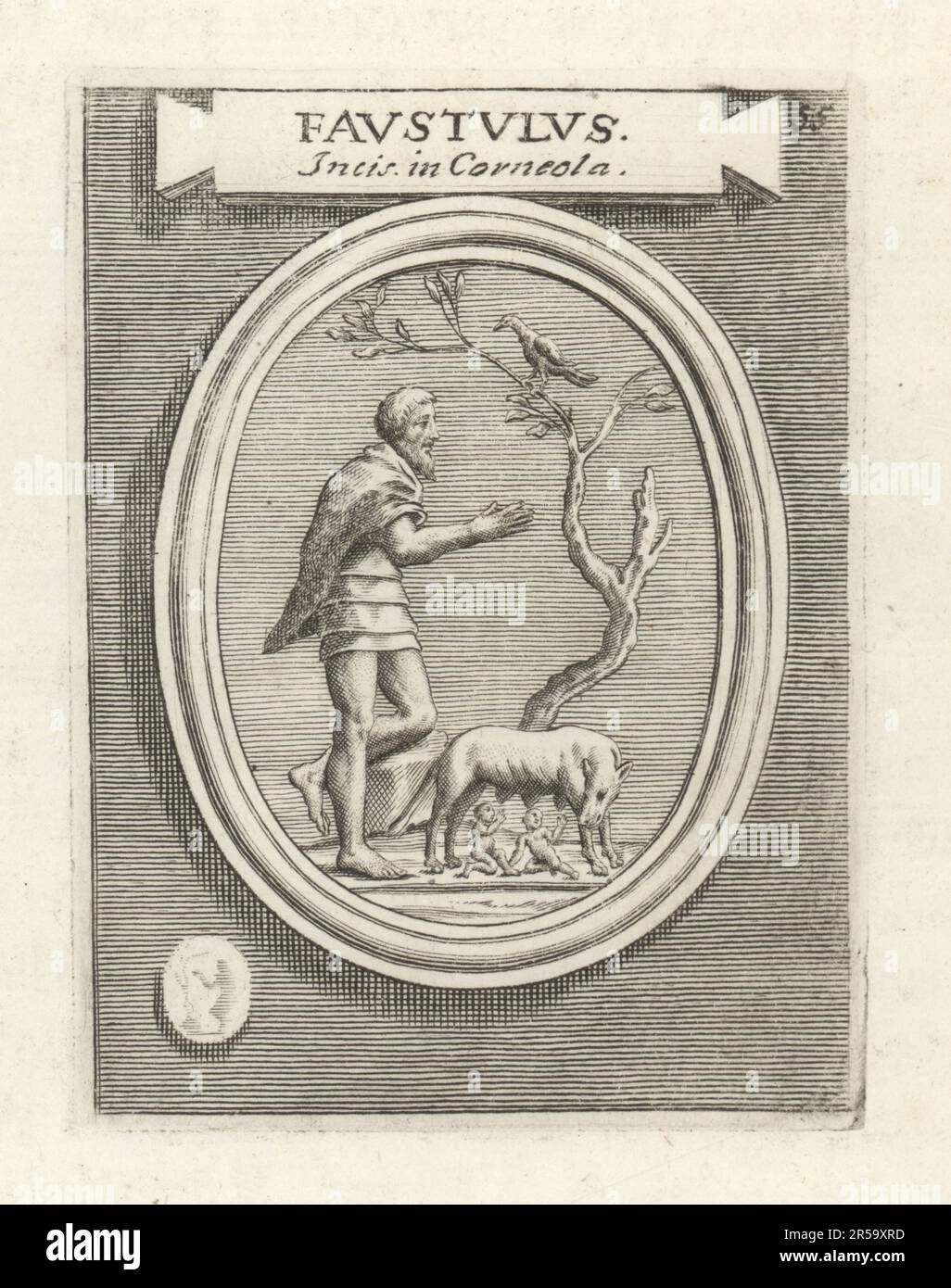 The shepherd Faustulus finding Romulus and Remus suckled by the she-wolf Lupa. In Roman mythology, the twins would become founders of Rome. From an engraved cornelian gem. Faustulus Incis in Corneola. Copperplate engraving from Francesco Valesio, Antonio Gori and Ridolfino Venuti’s Academia Etrusca, Museum Cortonense in quo Vetera Monumenta, (Etruscan Academy or Museum of Cortona), Faustus Amideus, Rome, 1750. Stock Photo