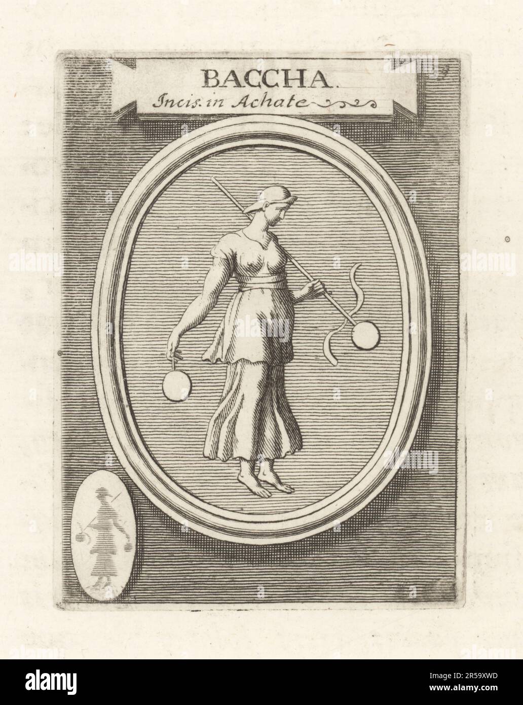 Bacchante or acolyte of Bacchus, Roman god of wine. (Fufluns Pacha in Etruscan religion.) In hat, wearing a soft purple silk tunic and skirt. From an engraved agate gem. Baccha Incis in Achate. Copperplate engraving from Francesco Valesio, Antonio Gori and Ridolfino Venuti’s Academia Etrusca, Museum Cortonense in quo Vetera Monumenta, (Etruscan Academy or Museum of Cortona), Faustus Amideus, Rome, 1750. Stock Photo