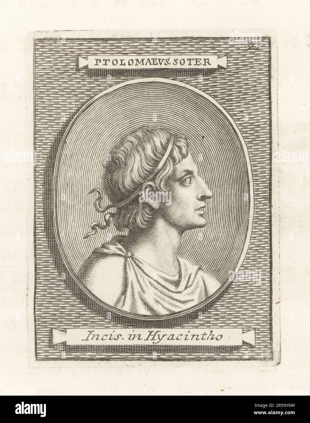 Ptolemy I Soter, Macedonian Greek general and successor to Alexander the Great, c.367-282 BC. Founder of the Ptolemaic dynasty in Egypt. Engraved gem in jacinth. Ptolomaeus Soter Incis in Hyacintho. Copperplate engraving from Francesco Valesio, Antonio Gori and Ridolfino Venuti’s Academia Etrusca, Museum Cortonense in quo Vetera Monumenta, (Etruscan Academy or Museum of Cortona), Faustus Amideus, Rome, 1750. Stock Photo