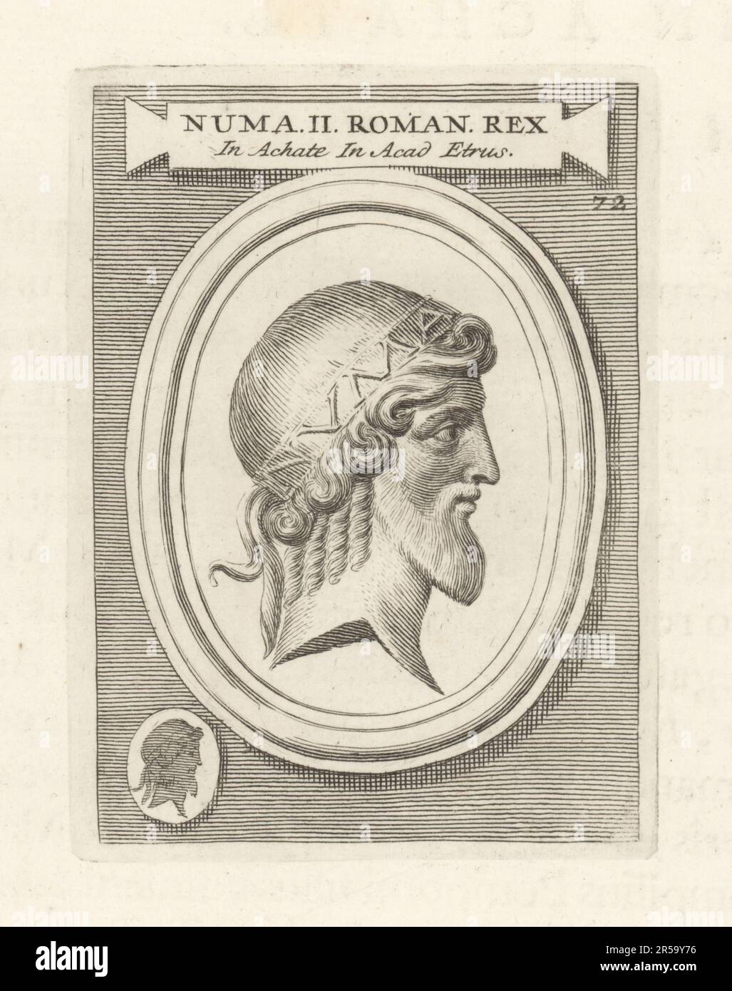 Numa Pompilius, legendary second king of Rome, c.753–672 BC. Bearded man in daidem. From an engraved agate gem. Numa II Roman Rex in Achate in Acad. Etrus. Copperplate engraving from Francesco Valesio, Antonio Gori and Ridolfino Venuti’s Academia Etrusca, Museum Cortonense in quo Vetera Monumenta, (Etruscan Academy or Museum of Cortona), Faustus Amideus, Rome, 1750. Stock Photo