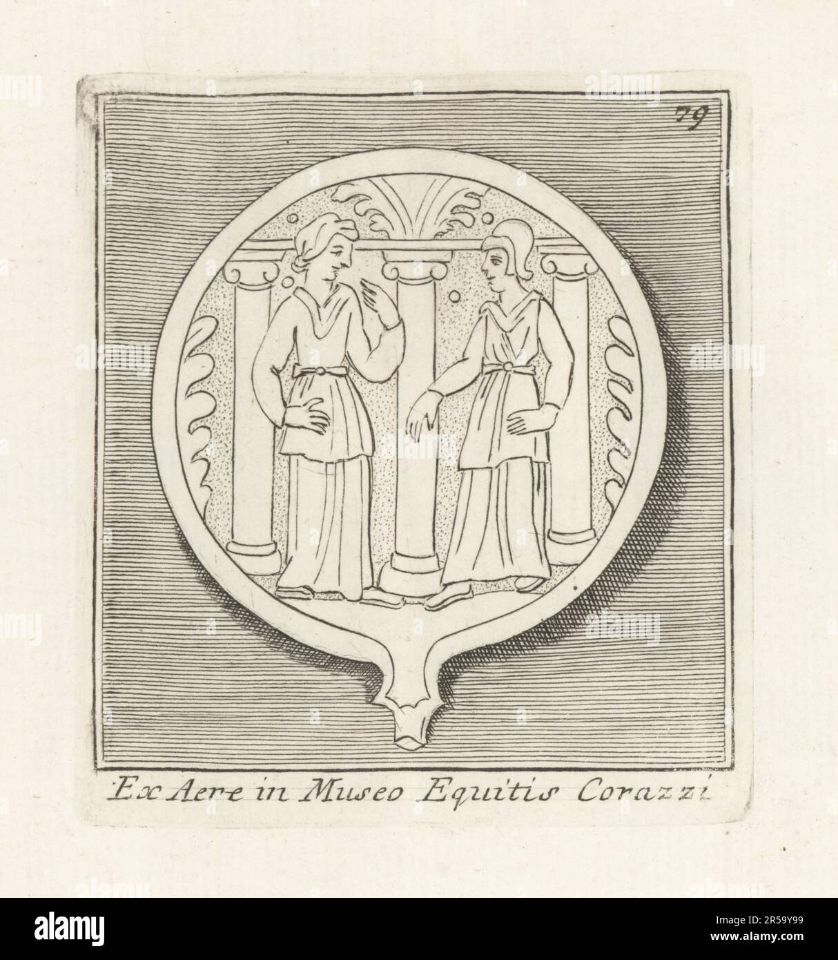 Two women in conversation in front of a proscenium with Ionic columns. A scene from a theatre play. From a bronze Etruscan bowl in the Museum of the Knights of the Order of Saint Stephen, Cortona. Patera aerea Etrusca. in Museo Equitis Corazzi. Copperplate engraving from Francesco Valesio, Antonio Gori and Ridolfino Venuti’s Academia Etrusca, Museum Cortonense in quo Vetera Monumenta, (Etruscan Academy or Museum of Cortona), Faustus Amideus, Rome, 1750. Stock Photo