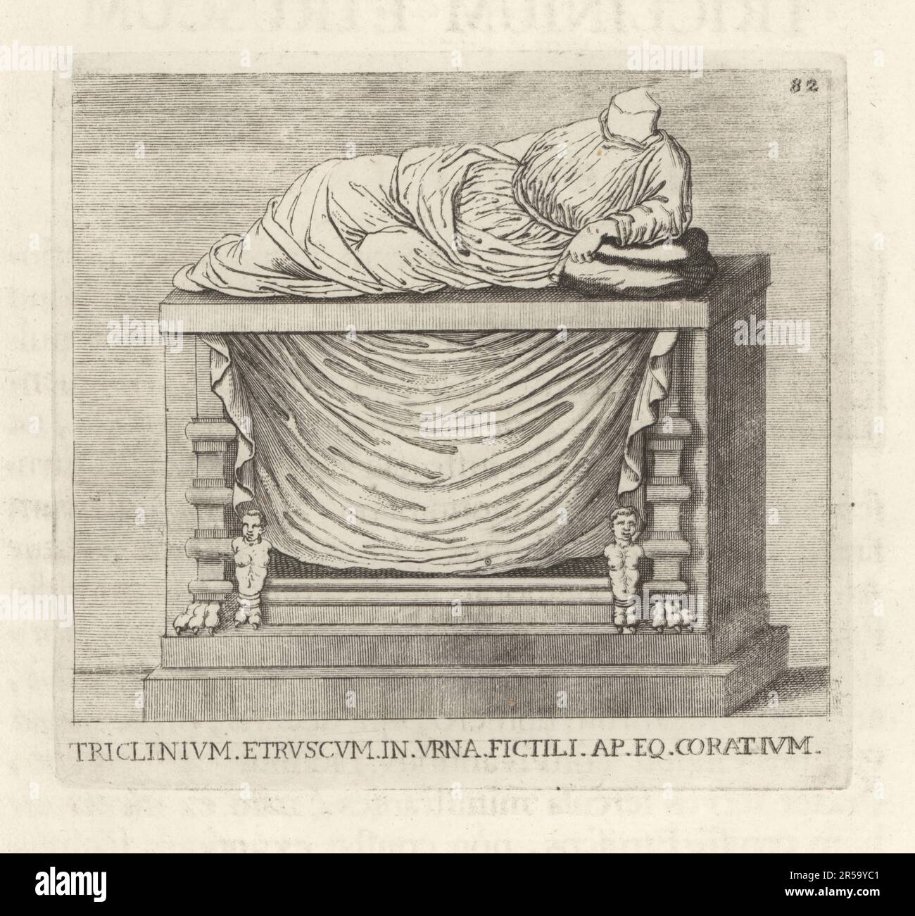 An Etruscan triclinium or dining room. A woman reclining on a bed in a dining room furnished with rich cushions and curtains. From an urn the Museum of the Knights of the Order of Saint Stephen, Cortona Triclinium Etruscum in Urna Fictili ap Eq. Coratium. Copperplate engraving from Francesco Valesio, Antonio Gori and Ridolfino Venuti’s Academia Etrusca, Museum Cortonense in quo Vetera Monumenta, (Etruscan Academy or Museum of Cortona), Faustus Amideus, Rome, 1750. Stock Photo