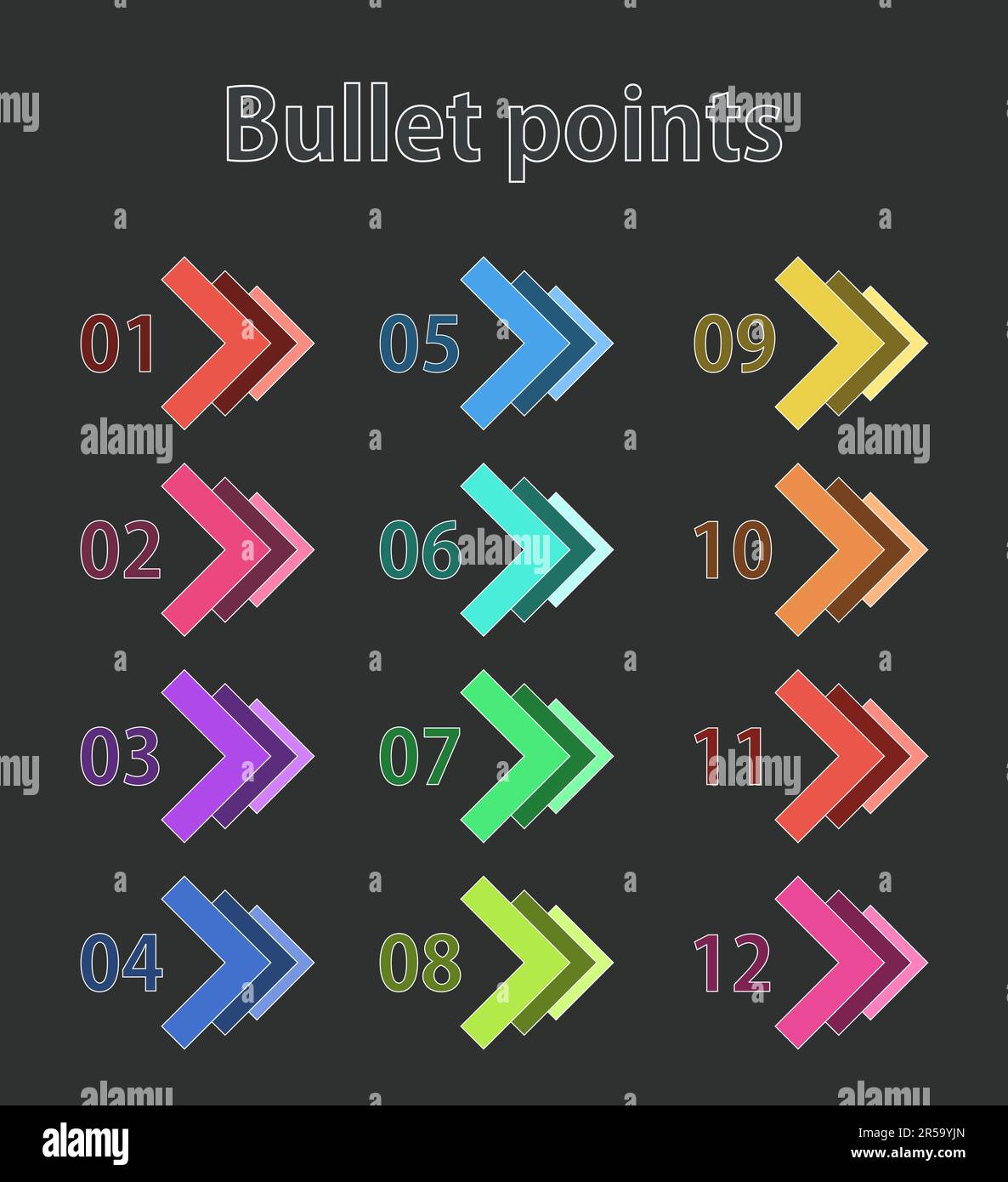 Colorful bullet points arrows, numbers from 1 to 12. Infographics
