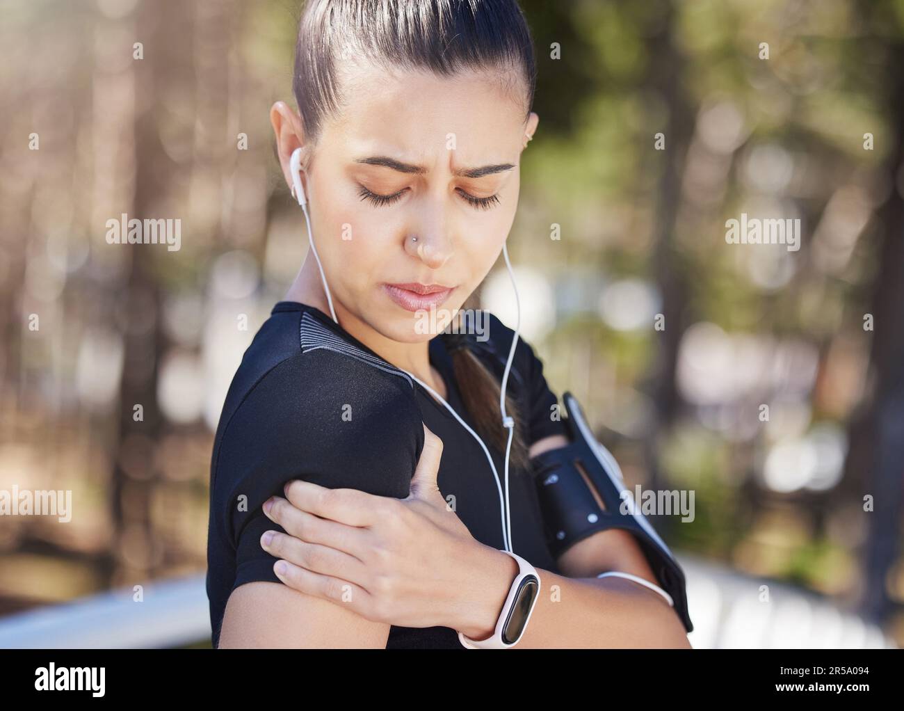 Shoulder pain, runner or woman with injury, joint or bad body ache in