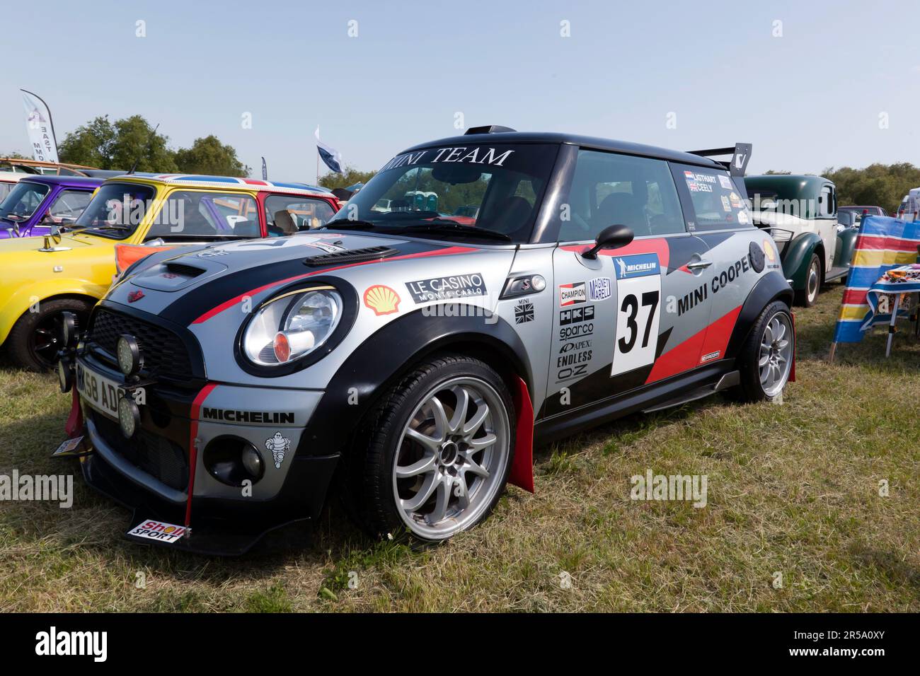 Three-quarters Front View of a Race-prepared 2008, Silver, Mini Cooper ...