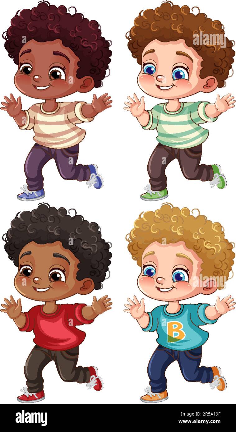 Set of mixed race boy cartoon character illustration Stock Vector