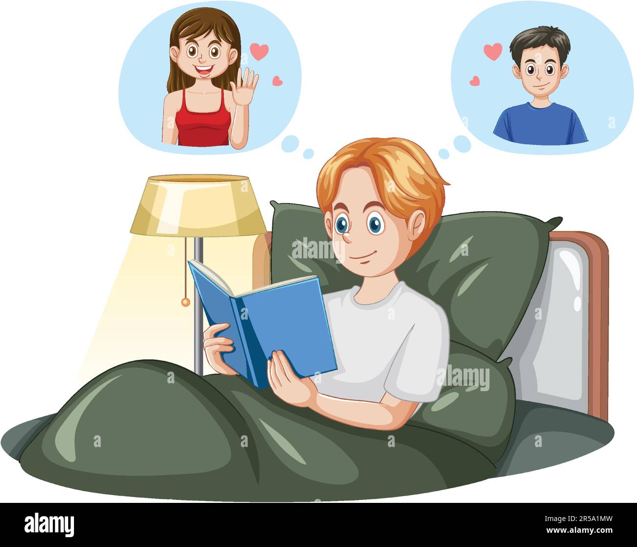 A boy reading fiction love story book illustration Stock Vector