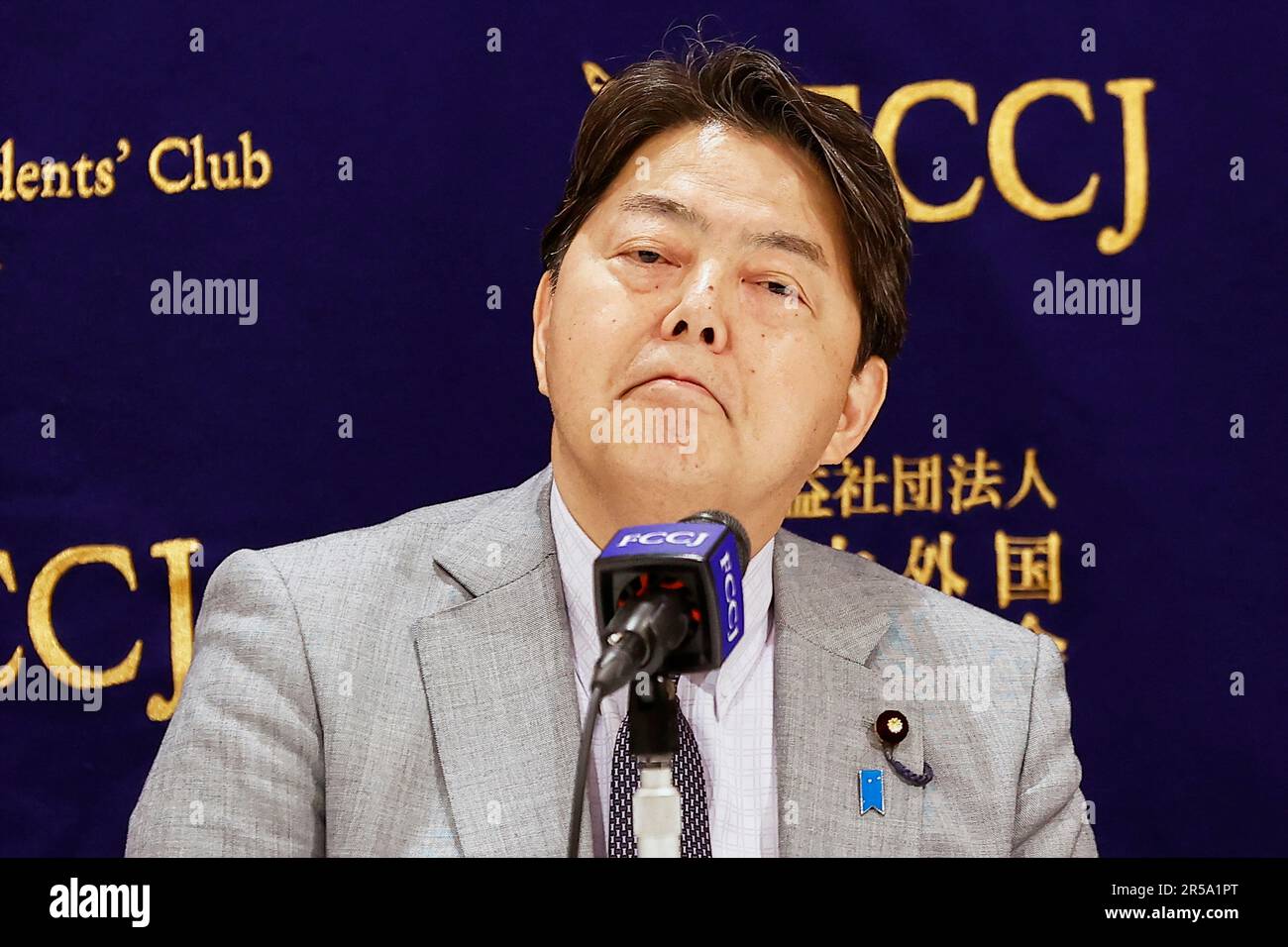 Tokyo, Japan. 2nd June, 2023. Japan's Foreign Minister Hayashi Yoshimasa speaks during a news conference at The Foreign Correspondents' Club of Japan (FCCJ) in downtown Tokyo. After Japanese Prime Minister Fumio Kishida said the national security climate in the country is at its most challenging and complex since World War Two, Minister Hayashi visited the Club to speak on Japan's position over Russia's conflict in Ukraine and the security tensions with North Korea and China in the region. (Credit Image: © Rodrigo Reyes Marin/ZUMA Press Wire) EDITORIAL USAGE ONLY! Not for Commercial USAGE! Stock Photo