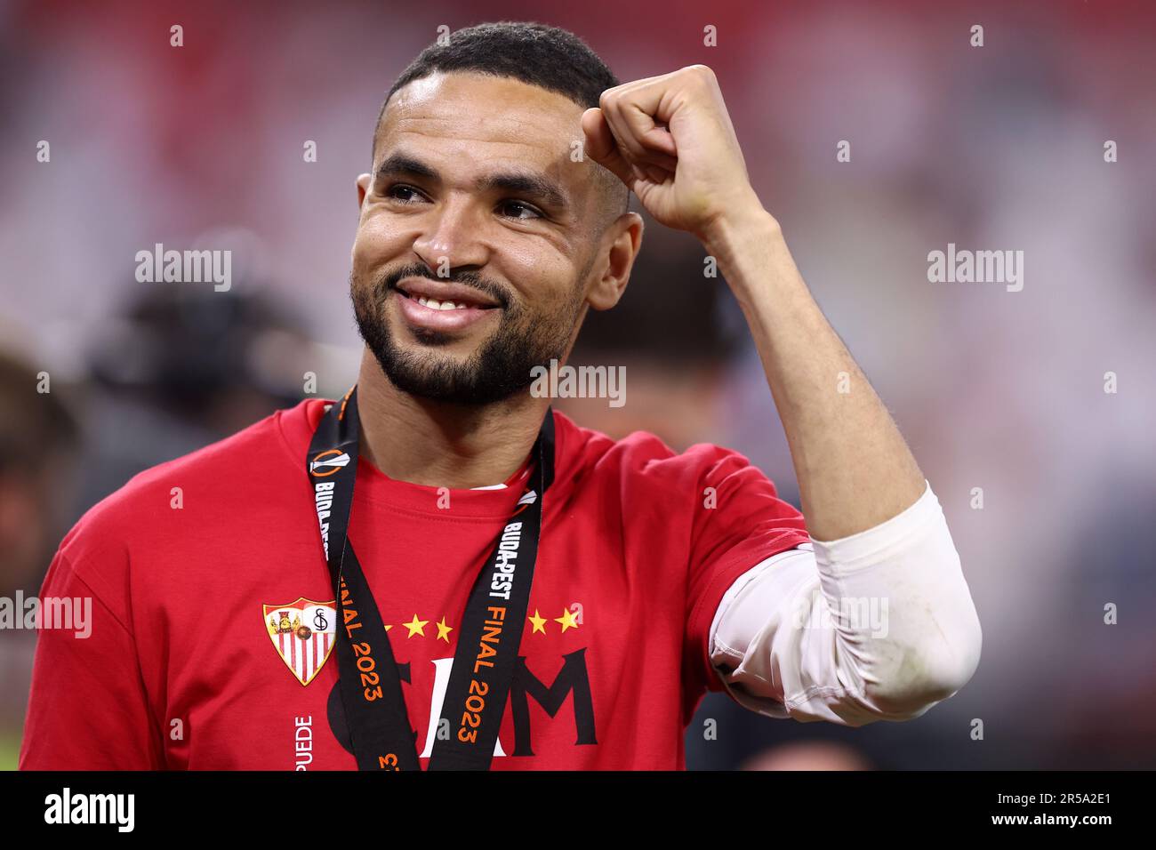 Youssef En-Nesyri of Sevilla FC  celebrates at the end of the UEFA Europa League final match  beetween Sevilla Fc and As Roma at Puskas Arena on May 31 2023 in Budapest, Hungary . Stock Photo