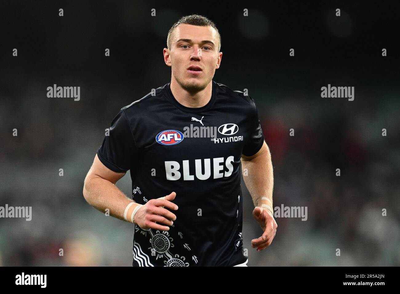 Melbourne, Australia. 02nd June, 2023. Patrick Cripps of Carlton leads  teammates from the field during the AFL Round 12 match between the  Melbourne Demons and the Carlton Blues at the Melbourne Cricket