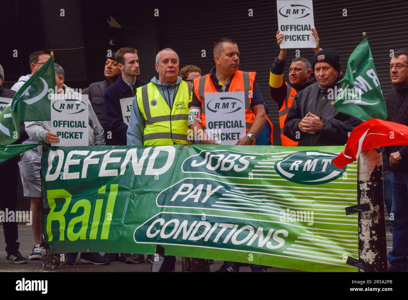 London, UK. 2nd June 2023. RMT members stand at the picket line outside Euston Station as rail