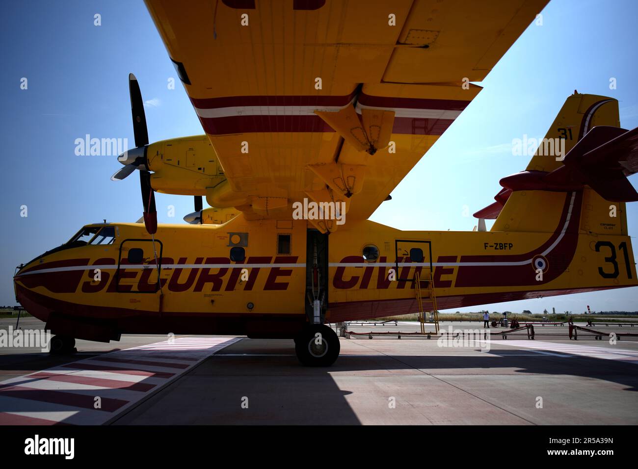 A Canadian water-bomber aircraft is pictured Friday, June 2, 2023 at the  Nimes-Garons firefighters air base, near Nimes, southern France. French  firefighters backed by water-bombing planes were deployed last year in  southwestern