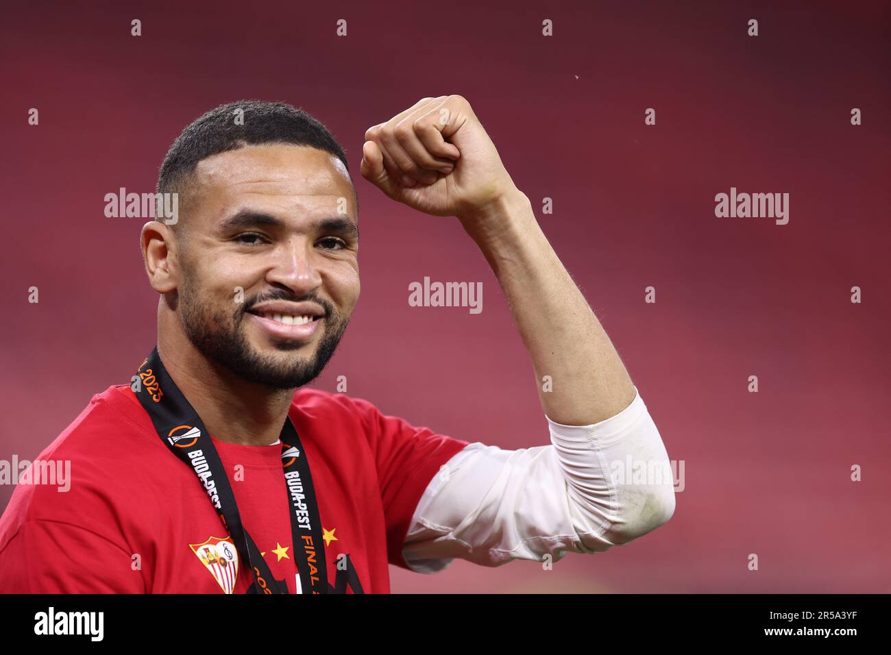 Youssef En-Nesyri of Sevilla FC  celebrates at the end of the UEFA Europa League final match  beetween Sevilla Fc and As Roma at Puskas Arena on May 31 2023 in Budapest, Hungary . Stock Photo