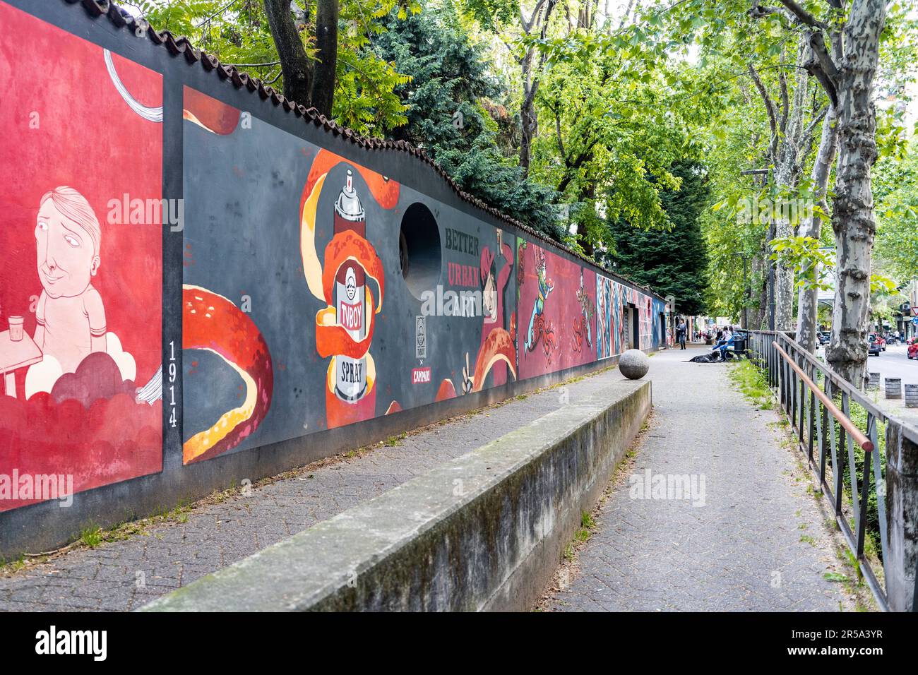 Murals near the Campari headquarters of the Italian alcoholic liqueur, in Sesto San Giovanni, metropolitan city of Milan, Lombardy region, Italy Stock Photo