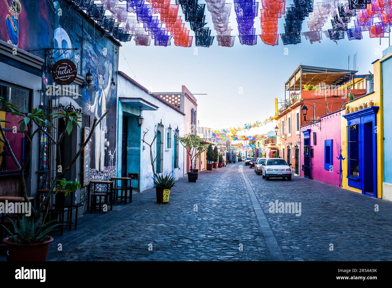 Oaxaca, Mexico, January 2023: Colorful buildings in colonial center. Stock Photo