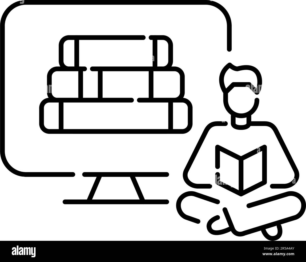 Man studying reading a book sitting with legs crossed. Learning from home using digital library. Simple icon Stock Vector