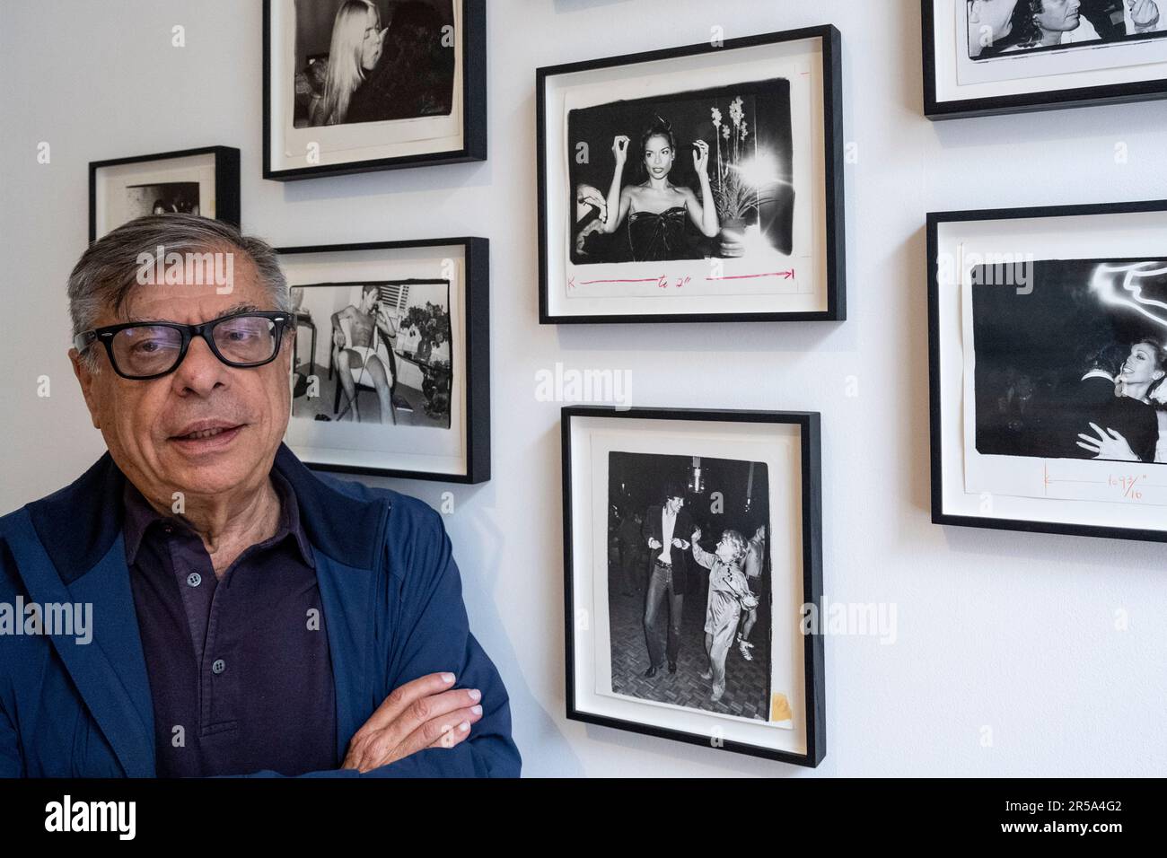 London, UK.  2 June 2023. American photographer and writer Bob Colacello with some of his works at a preview of ‘It Just Happened’, the first solo exhibition in London.  His images document his long-standing collaboration with Andy Warhol and their glamorous cycle of parties and travelling during the late 1970s and early 1980s.  The exhibition runs to 29 July at Thaddaeus Ropac in Mayfair.  Credit: Stephen Chung / Alamy Live News Stock Photo