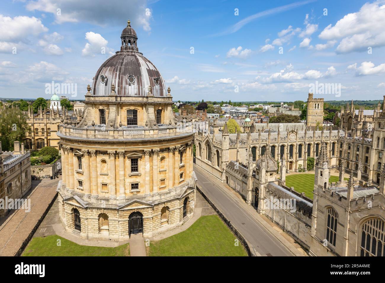 Aerial view of the Radcliffe Camera, known as the Rad Cam or the Camera and the All Souls College, both bulding are constituent colleges of the Univer Stock Photo