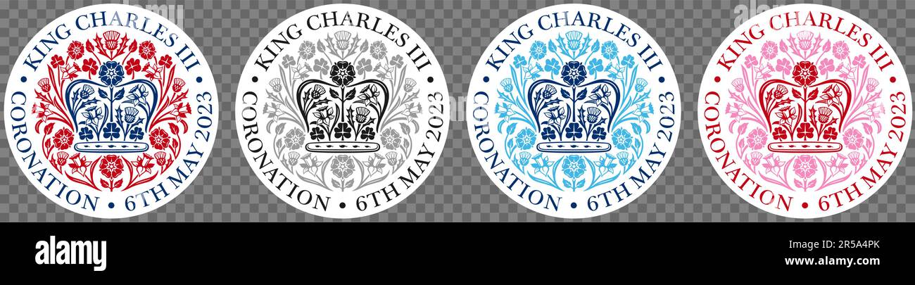 Set of emblem of the Coronation of King Charles III. Vector illustration isolated on transparent background Stock Vector