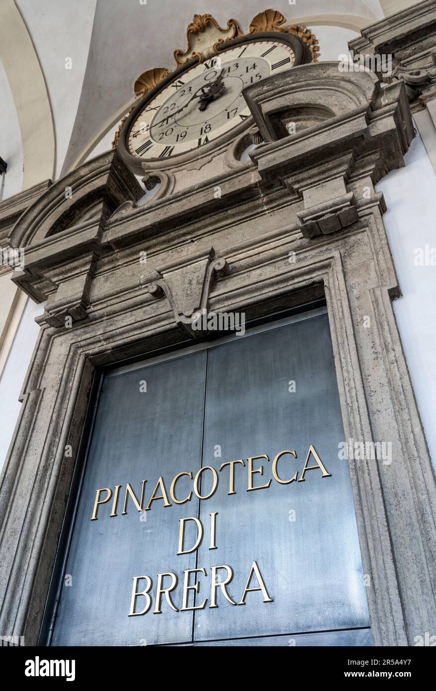 A sign meaning 'Pinacoteca di Brera' above the entrance of Brera art gallery, Milano city center, Italy Stock Photo