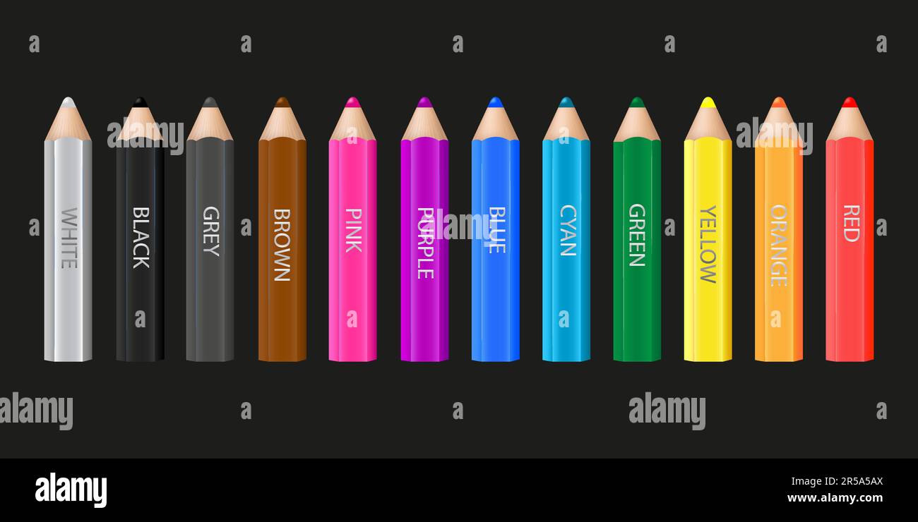 Colorful pencils with names of colors. Black background. Vector design Stock Vector Image & Art