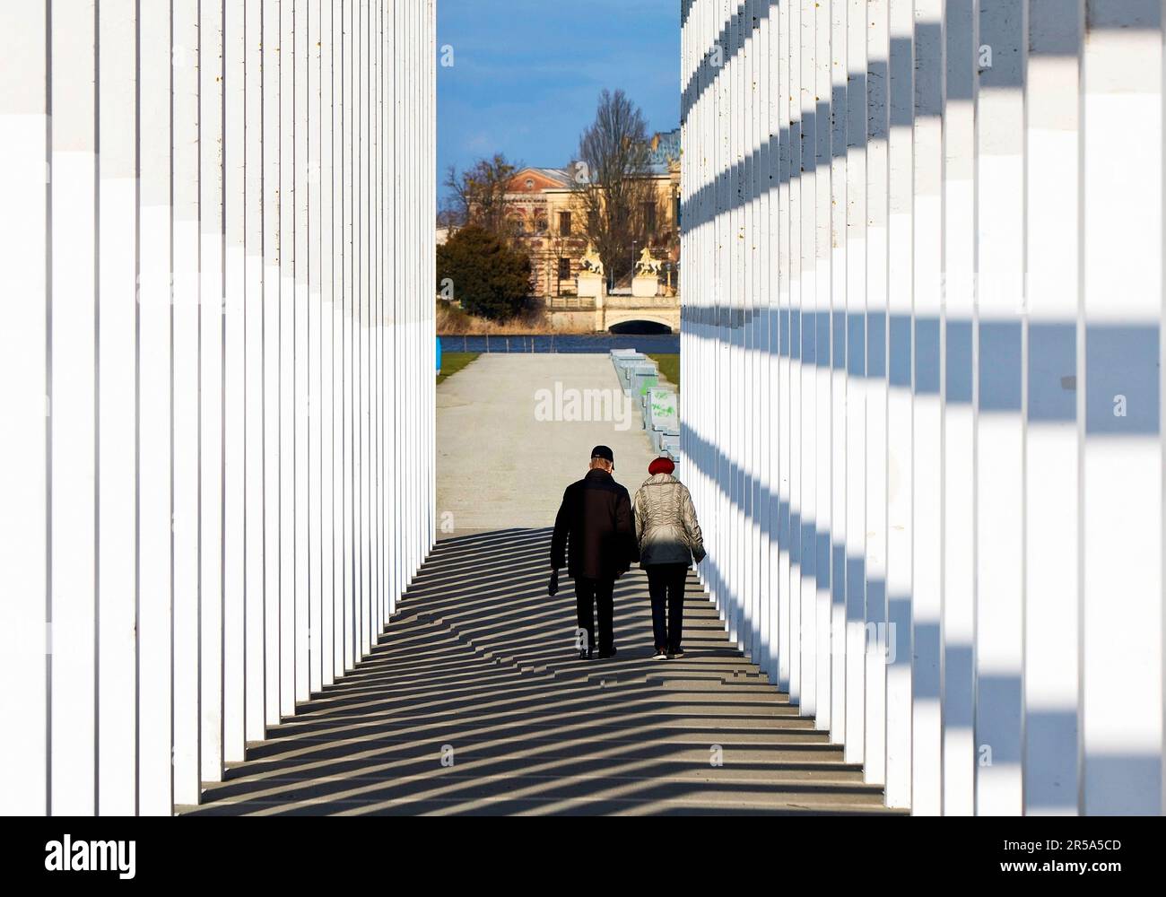 avenue of the Gates of Heaven, modern cloister in the Bauhaus style, Floating Meadow, Germany, Mecklenburg-Western Pomerania, Schwerin Stock Photo