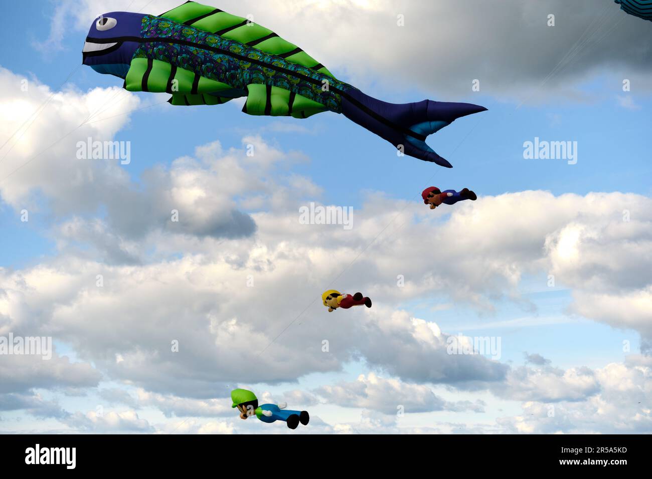 Dieppe, Normandy, France 18 Sep 2022. Various kites fill the sky over Dieppe Beach for the